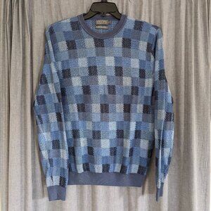 Fisherman Grandpa Sweater Talbots Mens Small Blue Knit Plaid Light Academia